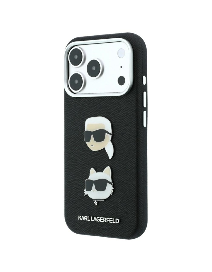 Karl Lagerfeld Saffiano Case with Karl &amp;amp; Choupette Heads Pins &amp;amp; Logo for iPhone 18 Pro / 17 Pro - Black