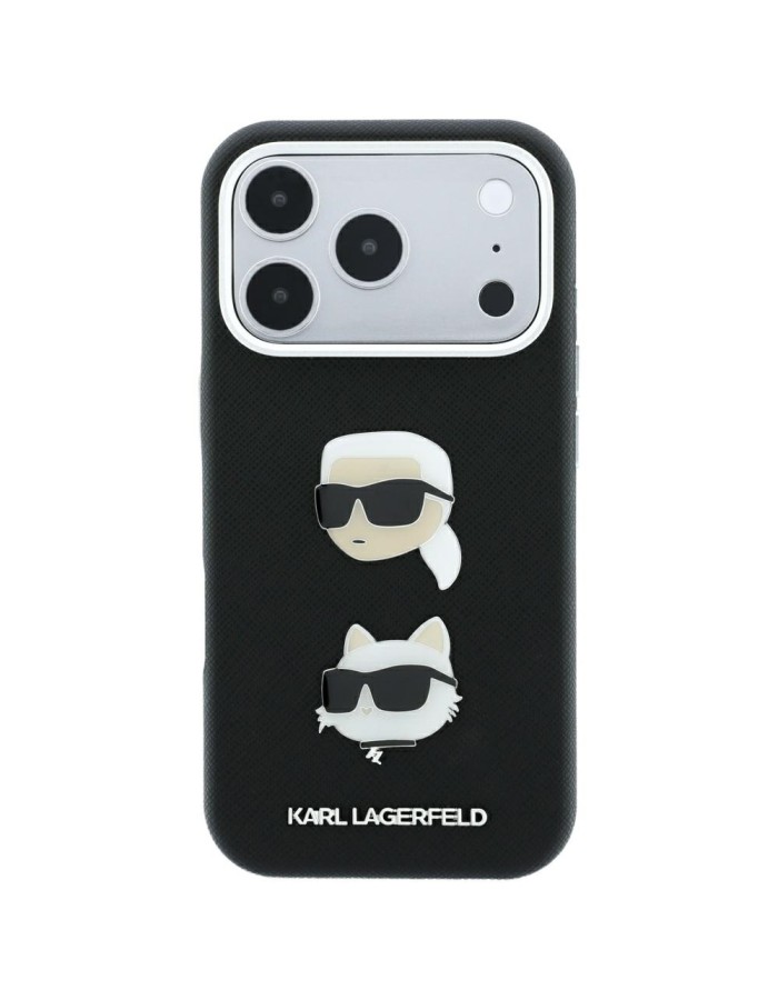 Karl Lagerfeld Saffiano Case with Karl &amp;amp; Choupette Heads Pins &amp;amp; Logo for iPhone 18 Pro / 17 Pro - Black