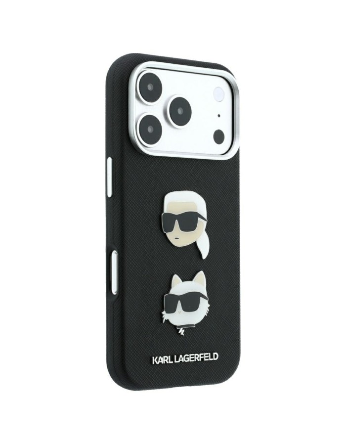 Karl Lagerfeld Saffiano Case with Karl &amp;amp; Choupette Heads Pins &amp;amp; Logo for iPhone 18 Pro / 17 Pro - Black