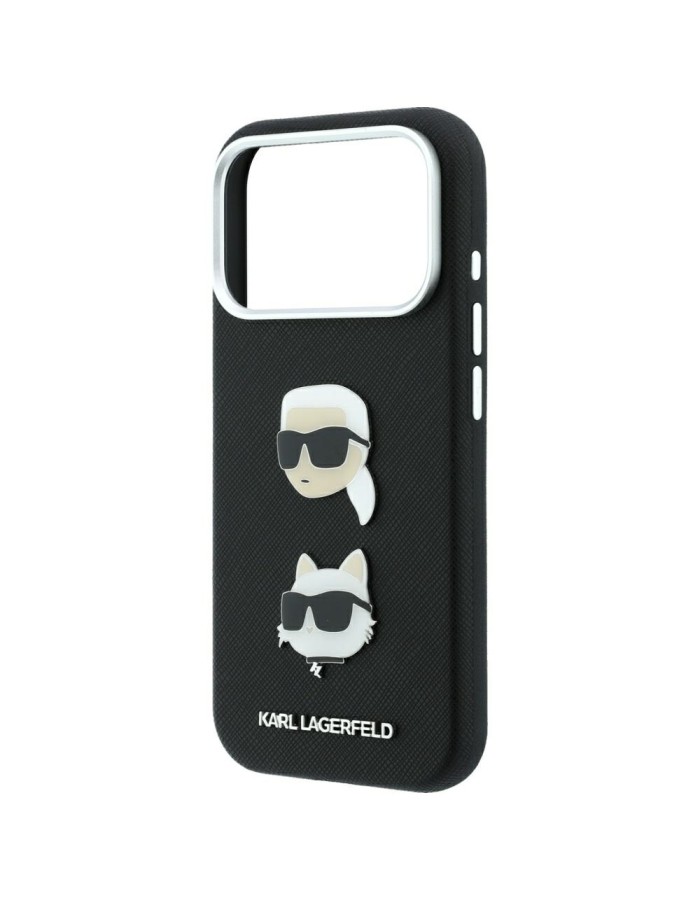 Karl Lagerfeld Saffiano Case with Karl &amp;amp; Choupette Heads Pins &amp;amp; Logo for iPhone 18 Pro / 17 Pro - Black