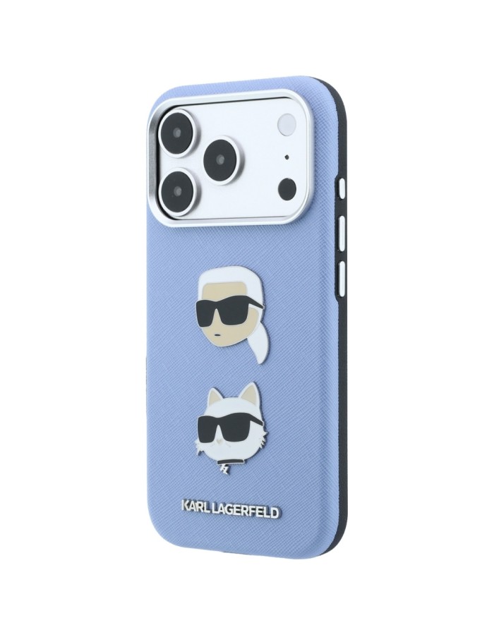Karl Lagerfeld Saffiano with Karl &amp;amp; Choupette Heads Pins &amp;amp; Logo case for iPhone 18 Pro / 17 Pro - light blue