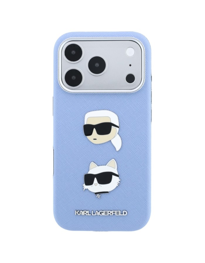 Karl Lagerfeld Saffiano with Karl &amp;amp; Choupette Heads Pins &amp;amp; Logo case for iPhone 18 Pro / 17 Pro - light blue
