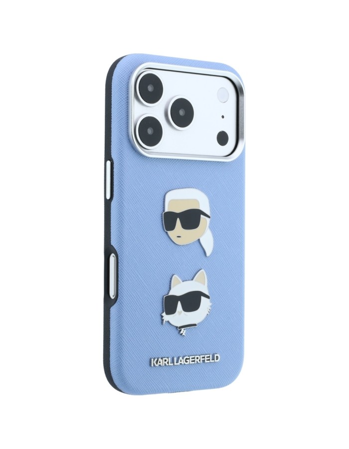 Karl Lagerfeld Saffiano with Karl &amp;amp; Choupette Heads Pins &amp;amp; Logo case for iPhone 18 Pro / 17 Pro - light blue