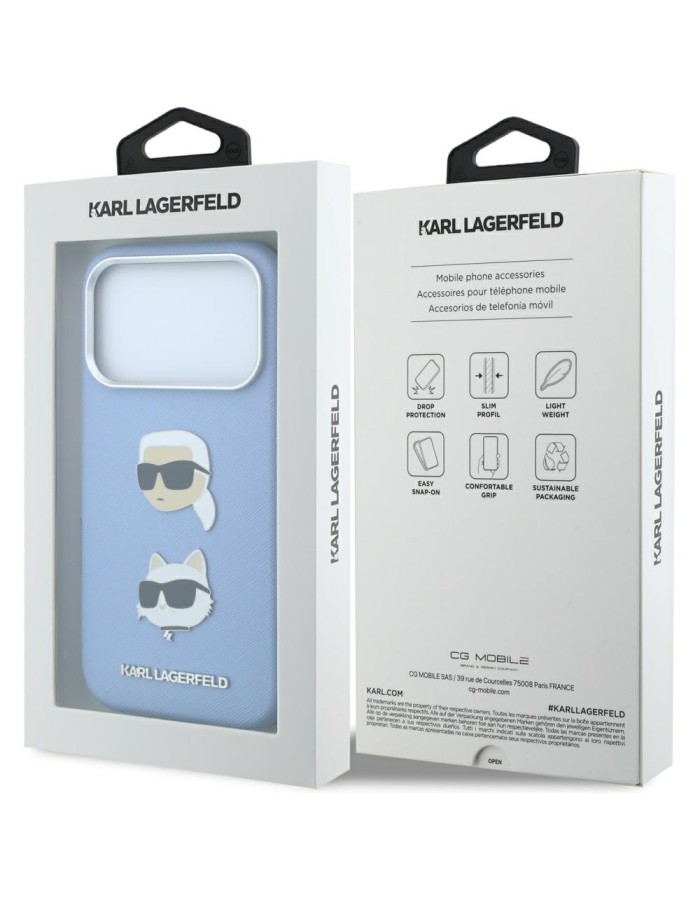Karl Lagerfeld Saffiano with Karl &amp;amp; Choupette Heads Pins &amp;amp; Logo case for iPhone 18 Pro / 17 Pro - light blue