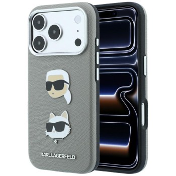 Karl Lagerfeld Saffiano Case with Karl &amp;amp; Choupette Heads Pins &amp;amp; Logo for iPhone 18 Pro / 17 Pro - Gray