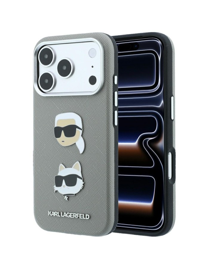 Karl Lagerfeld Saffiano Case with Karl &amp;amp; Choupette Heads Pins &amp;amp; Logo for iPhone 18 Pro / 17 Pro - Gray