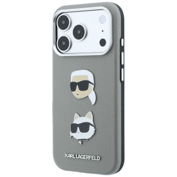 Karl Lagerfeld Saffiano Case with Karl & Choupette Heads Pins & Logo for iPhone 18 Pro / 17 Pro - Gray Karl Lagerfeld Saffiano Case with Karl & Choupette Heads Pins & Logo for iPhone 18 Pro / 17 Pro - Gray