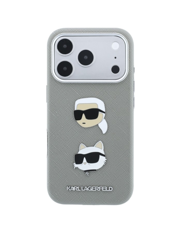 Karl Lagerfeld Saffiano Case with Karl &amp;amp; Choupette Heads Pins &amp;amp; Logo for iPhone 18 Pro / 17 Pro - Gray