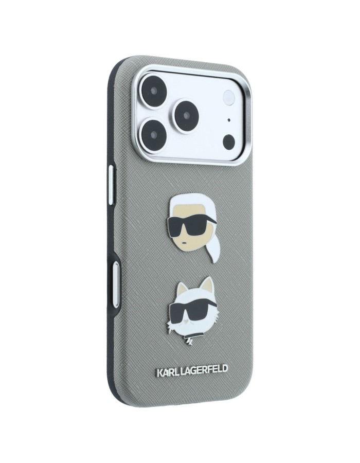 Karl Lagerfeld Saffiano Case with Karl &amp;amp; Choupette Heads Pins &amp;amp; Logo for iPhone 18 Pro / 17 Pro - Gray