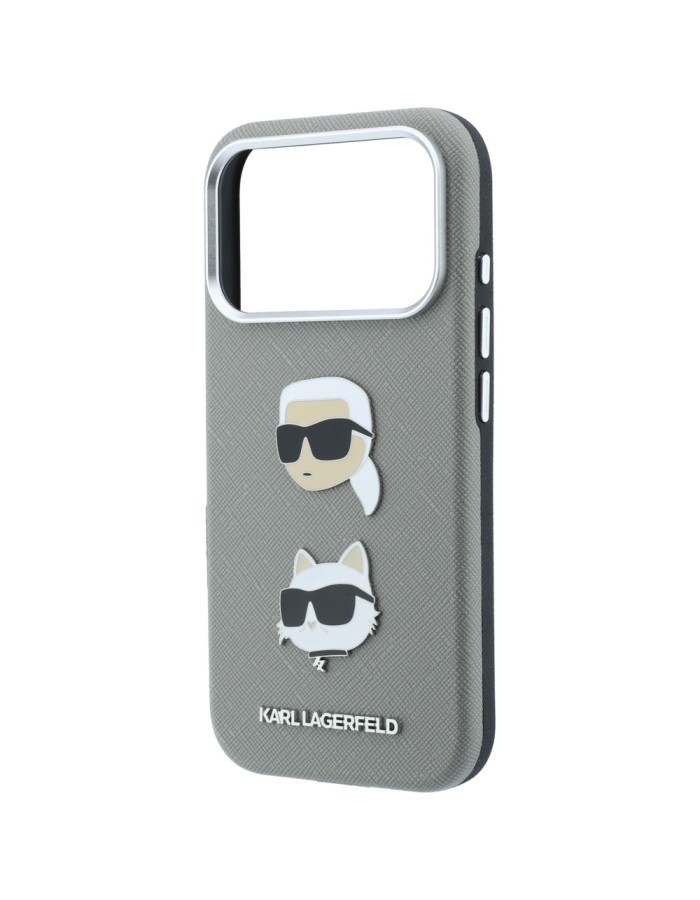 Karl Lagerfeld Saffiano Case with Karl &amp;amp; Choupette Heads Pins &amp;amp; Logo for iPhone 18 Pro / 17 Pro - Gray