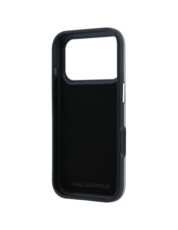 Karl Lagerfeld Saffiano Case with Karl &amp;amp; Choupette Heads Pins &amp;amp; Logo for iPhone 18 Pro / 17 Pro - Gray