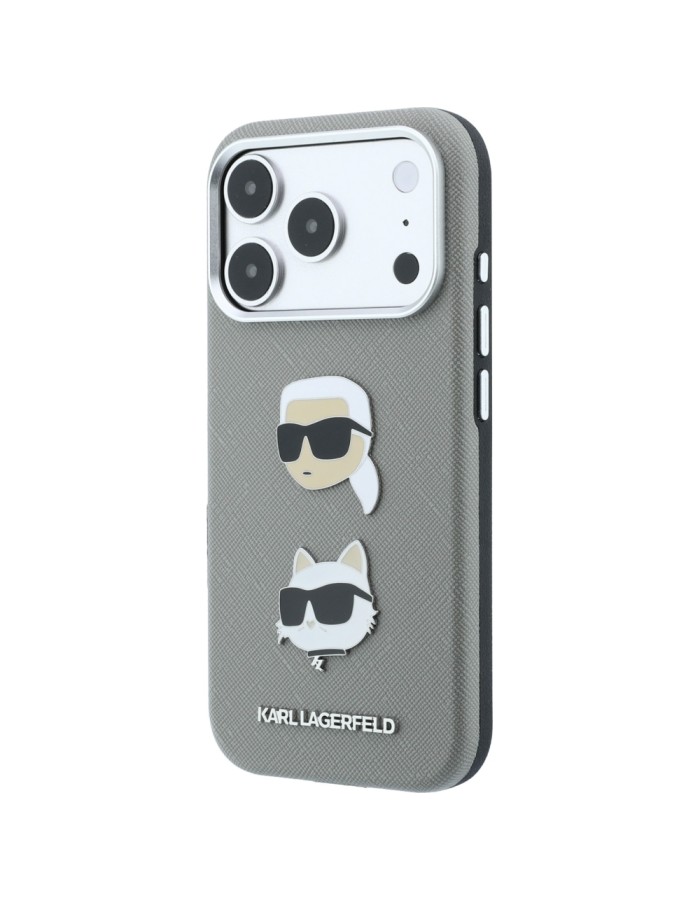 Karl Lagerfeld Saffiano Case with Karl &amp;amp; Choupette Heads Pins &amp;amp; Logo for iPhone 18 Pro Max / 17 Pro Max - Gray