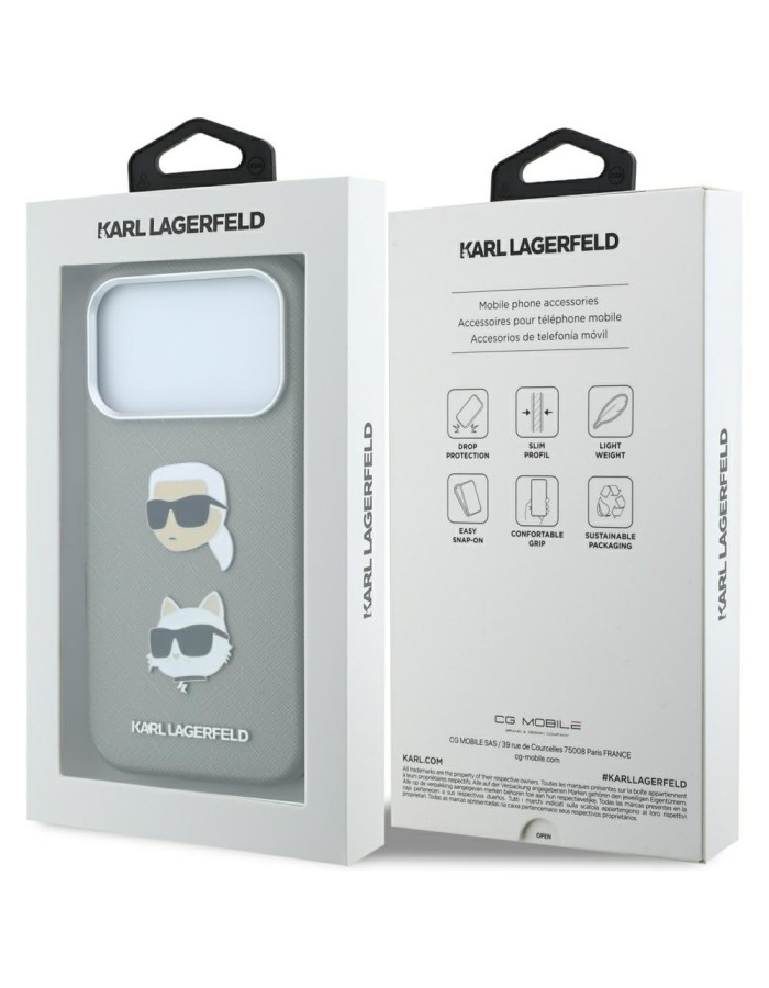 Karl Lagerfeld Saffiano Case with Karl &amp;amp; Choupette Heads Pins &amp;amp; Logo for iPhone 18 Pro Max / 17 Pro Max - Gray