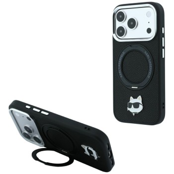 Karl Lagerfeld with Ring Stand 360 Choupette Head Pin MagSafe Case for iPhone 18 Pro Max / 17 Pro Max - Black