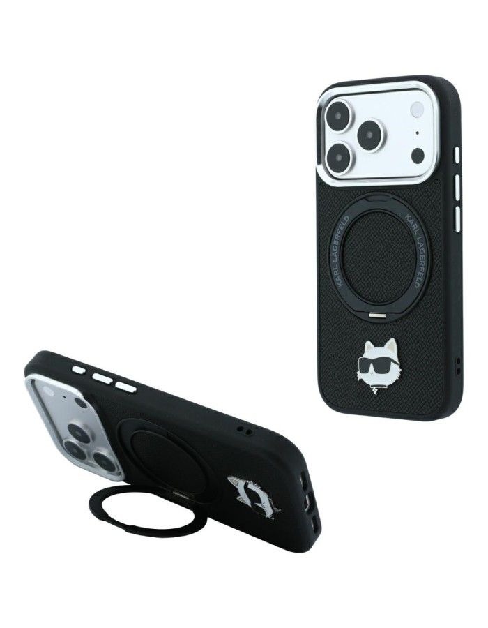 Karl Lagerfeld with Ring Stand 360 Choupette Head Pin MagSafe Case for iPhone 18 Pro Max / 17 Pro Max - Black