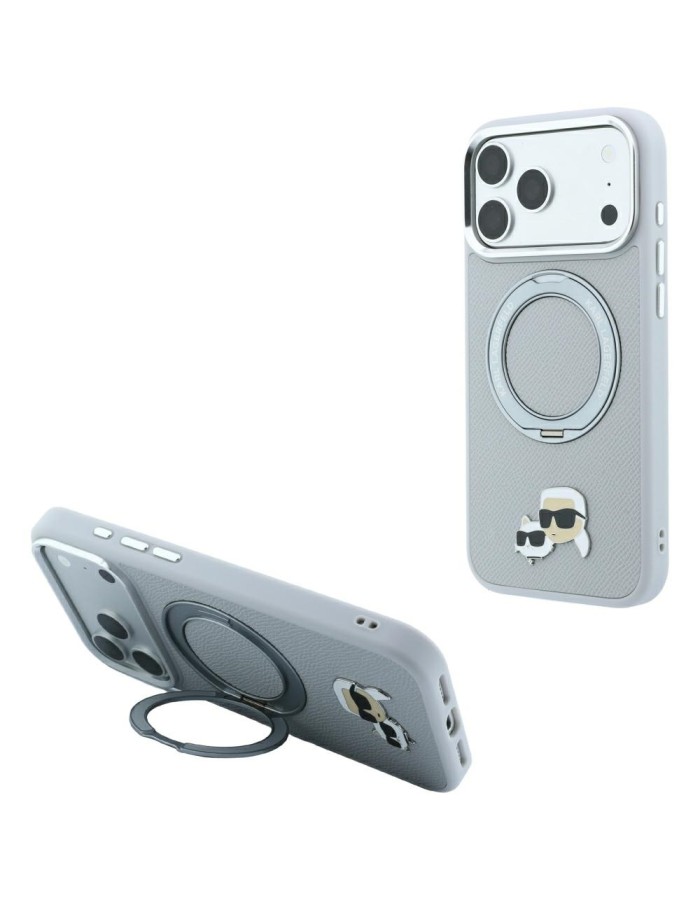 Karl Lagerfeld with Ring Stand 360 Karl &amp;amp; Choupette Heads Pin MagSafe Case for iPhone 18 Pro / 17 Pro - Gray