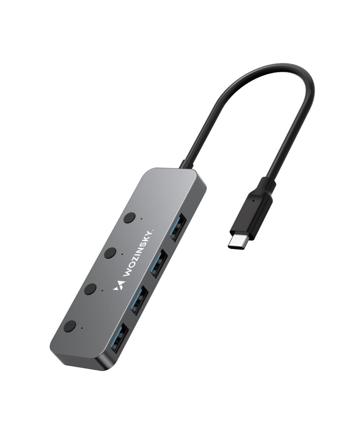 Wozinsky WHS080YSS 4 x USB-A 3.0 Aluminum Hub with Individual Switches and 15 cm USB-C Cable - Gray Wozinsky WHS080YSS 4 x USB-A 3.0 Aluminum Hub with Individual Switches and 15 cm USB-C Cable - Gray