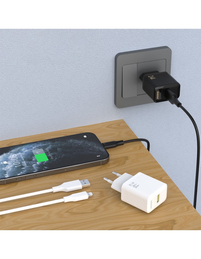 Dudao A23LEU 2.4A GaN EU USB-A Wall Charger with USB-A to Lightning Cable - White
