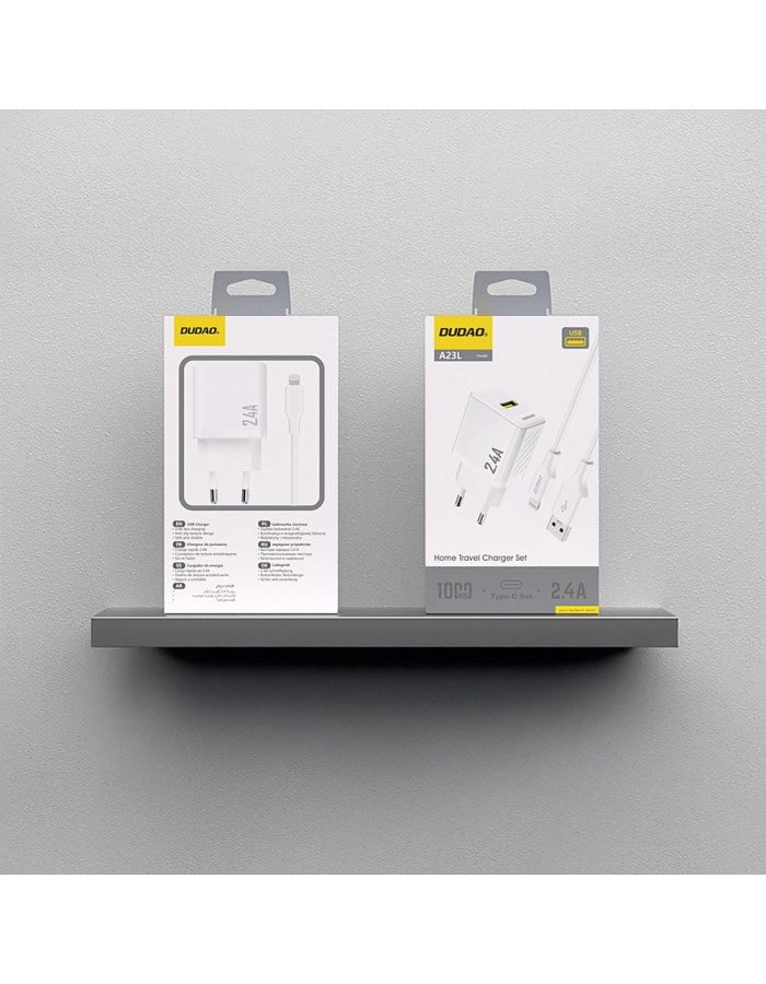 Dudao A23LEU 2.4A GaN EU USB-A Wall Charger with USB-A to Lightning Cable - White