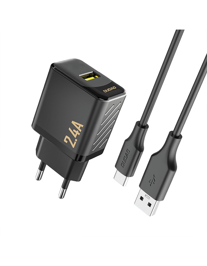 Dudao A23TEU 2.4A GaN USB-A Wall Charger with USB-A - USB-C Cable - Black Dudao A23TEU 2.4A GaN USB-A Wall Charger with USB-A - USB-C Cable - Black