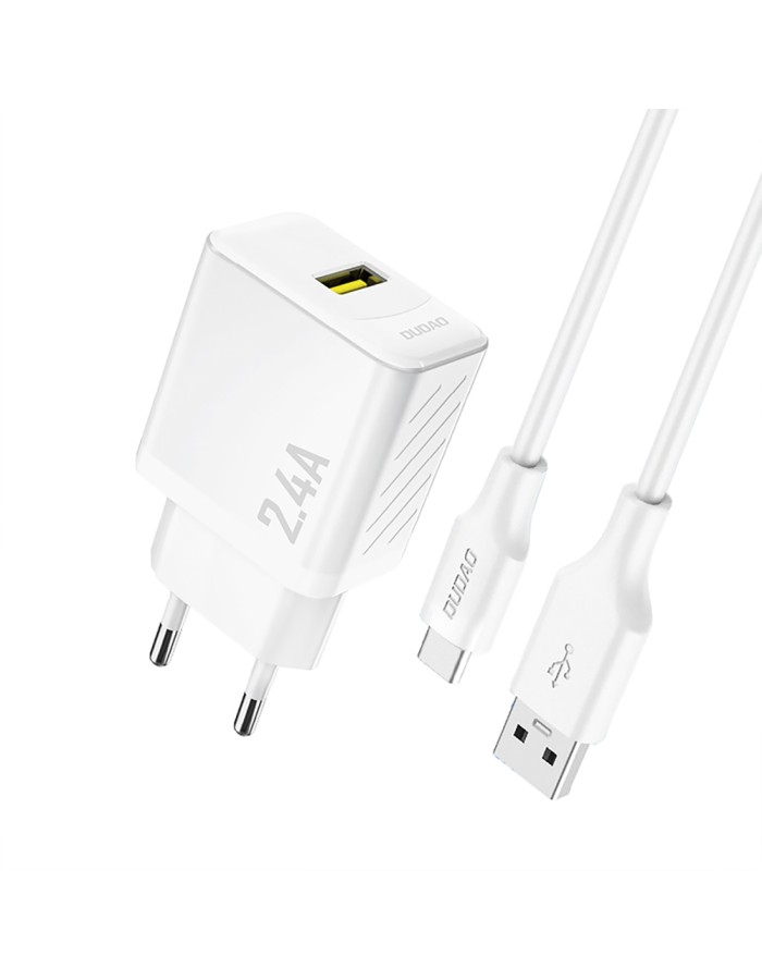 Dudao A23TEU 2.4A GaN USB-A Wall Charger with USB-A - USB-C Cable - White