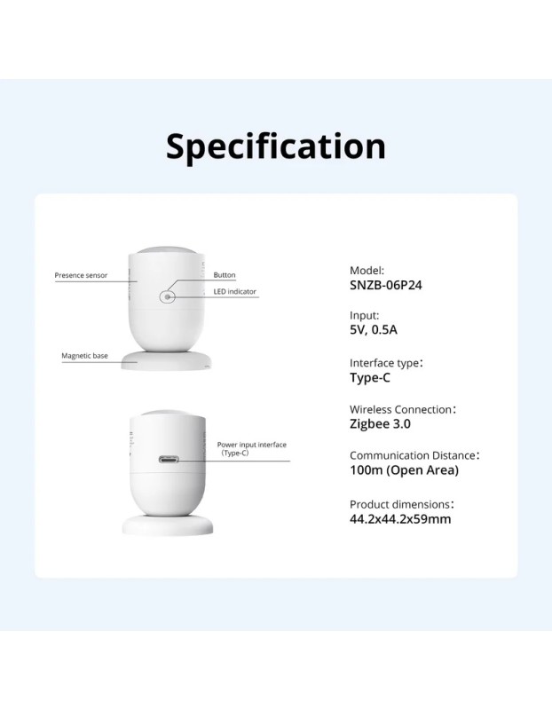 Sonoff ZigBee Human Presence Sensor With Customized Detection Zone and Lux Sensor SNZB-06P24