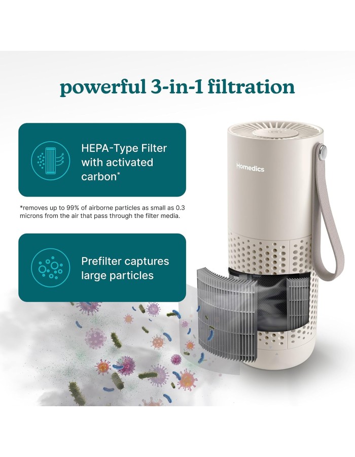 Homedics Air Purifier 3-in-1 Rechargeable WHISPER PURE MINI Beige