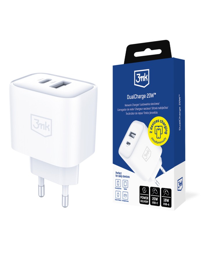 3mk DualCharge 20W PD3.0 QC 3.0 PPS USB 1A1C Wall Charger - White