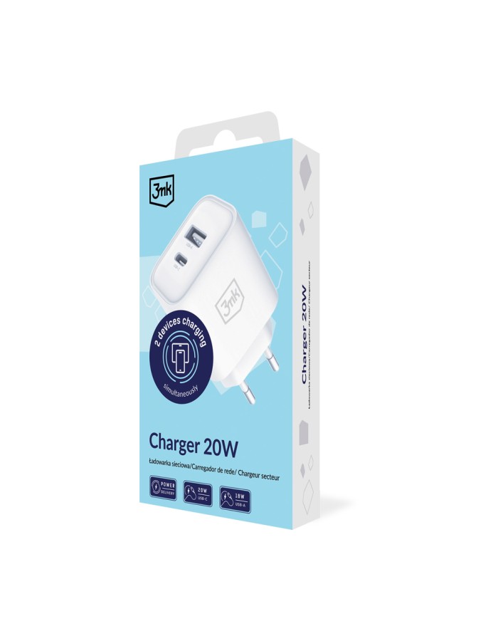 3mk DualCharge 20W PD3.0 QC 3.0 PPS USB 1A1C Wall Charger - White
