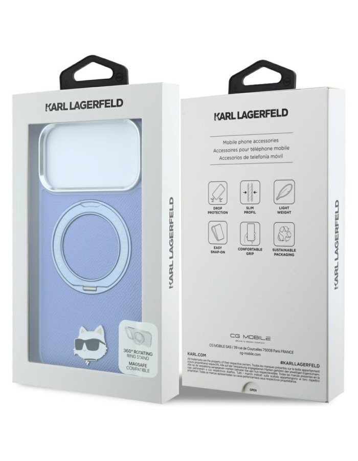 Karl Lagerfeld with Ring Stand 360 Choupette Head Pin MagSafe Case for iPhone 18 Pro / 17 Pro - Light Blue