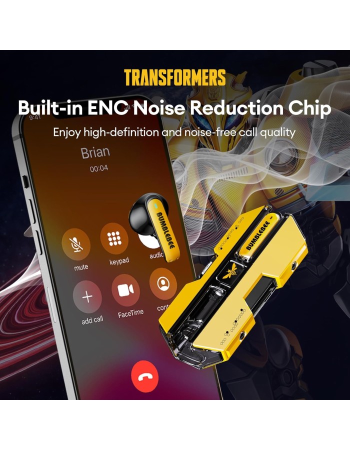 Transformers TWS Earphones, Deep Bass Sound, IPX5 Waterproof, TF-T01 Yellow