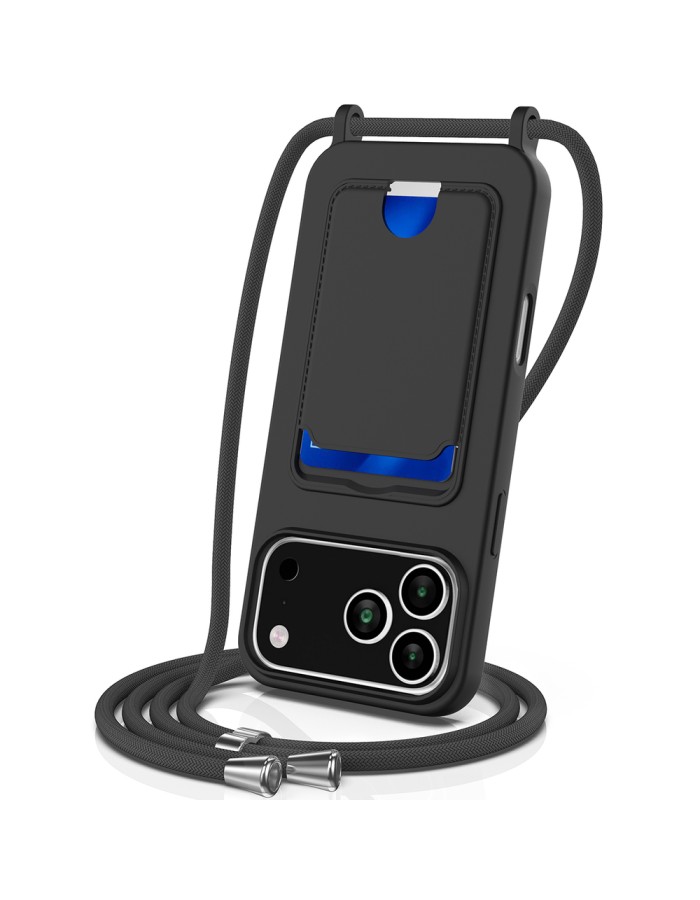 For iPhone 18 Pro / 17 Pro Case Liquid Silicone Card Holder Back Phone Cover with Lanyard - Black