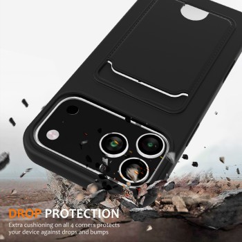 For iPhone 18 Pro / 17 Pro Case Liquid Silicone Card Holder Back Phone Cover with Lanyard - Black