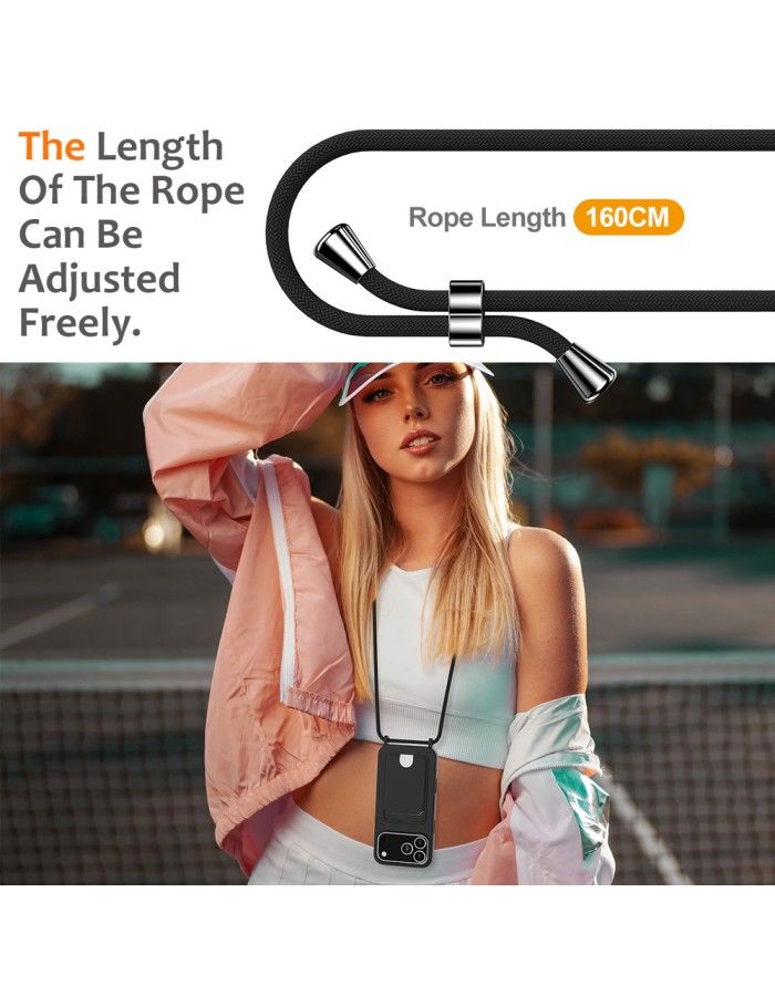For iPhone 18 Pro / 17 Pro Case Liquid Silicone Card Holder Back Phone Cover with Lanyard - Black
