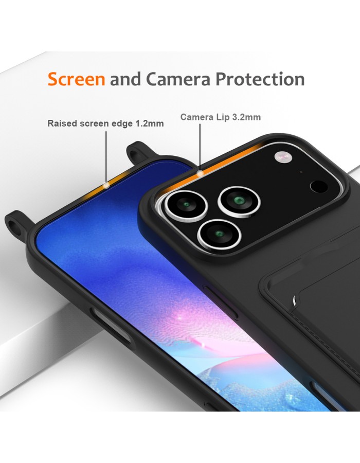 For iPhone 18 Pro / 17 Pro Case Liquid Silicone Card Holder Back Phone Cover with Lanyard - Black