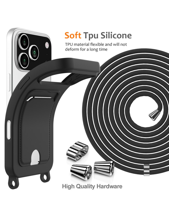 For iPhone 18 Pro / 17 Pro Case Liquid Silicone Card Holder Back Phone Cover with Lanyard - Black