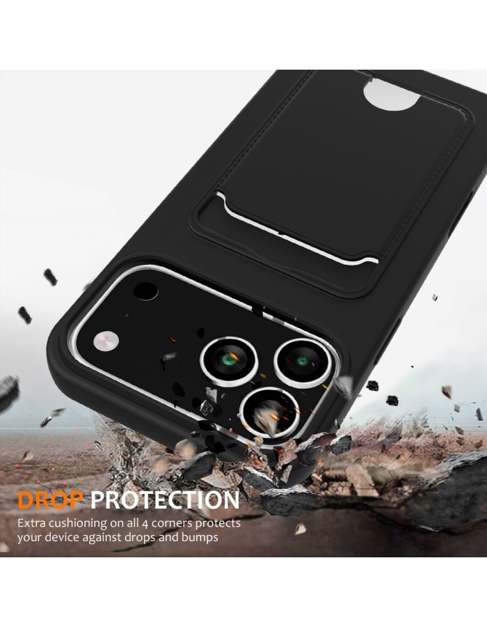 For iPhone 18 Pro Max / 17 Pro Max Case Liquid Silicone Card Holder Back Phone Cover with Lanyard - Black