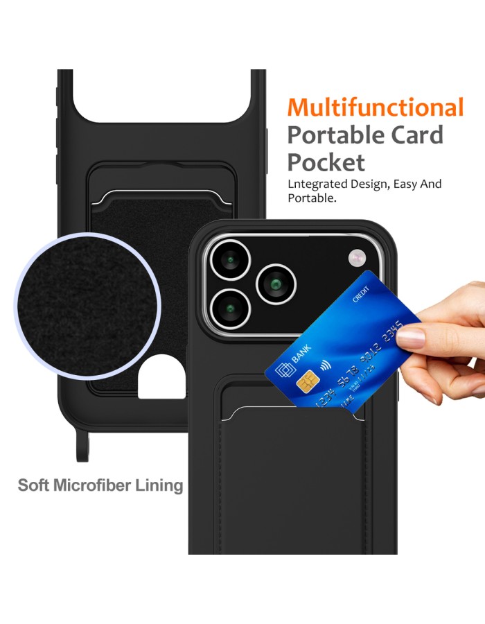 For iPhone 18 Pro Max / 17 Pro Max Case Liquid Silicone Card Holder Back Phone Cover with Lanyard - Black