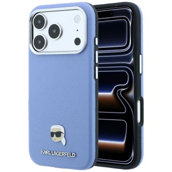 Karl Lagerfeld Grained Karl Head Metal MagSafe Case for iPhone 18 Pro / 17 Pro - Light Blue