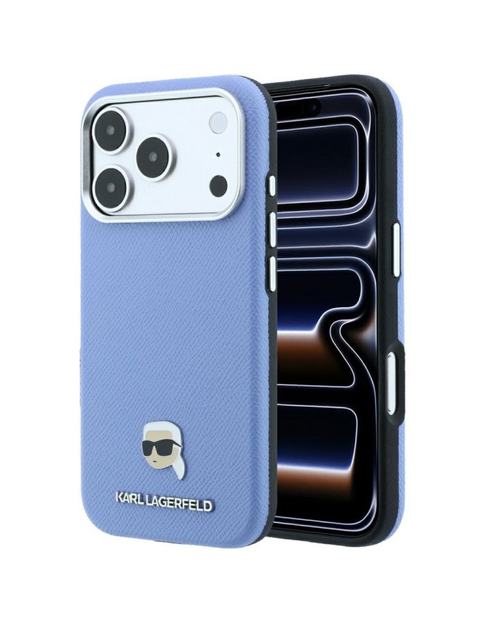 Karl Lagerfeld Grained Karl Head Metal MagSafe Case for iPhone 18 Pro / 17 Pro - Light Blue