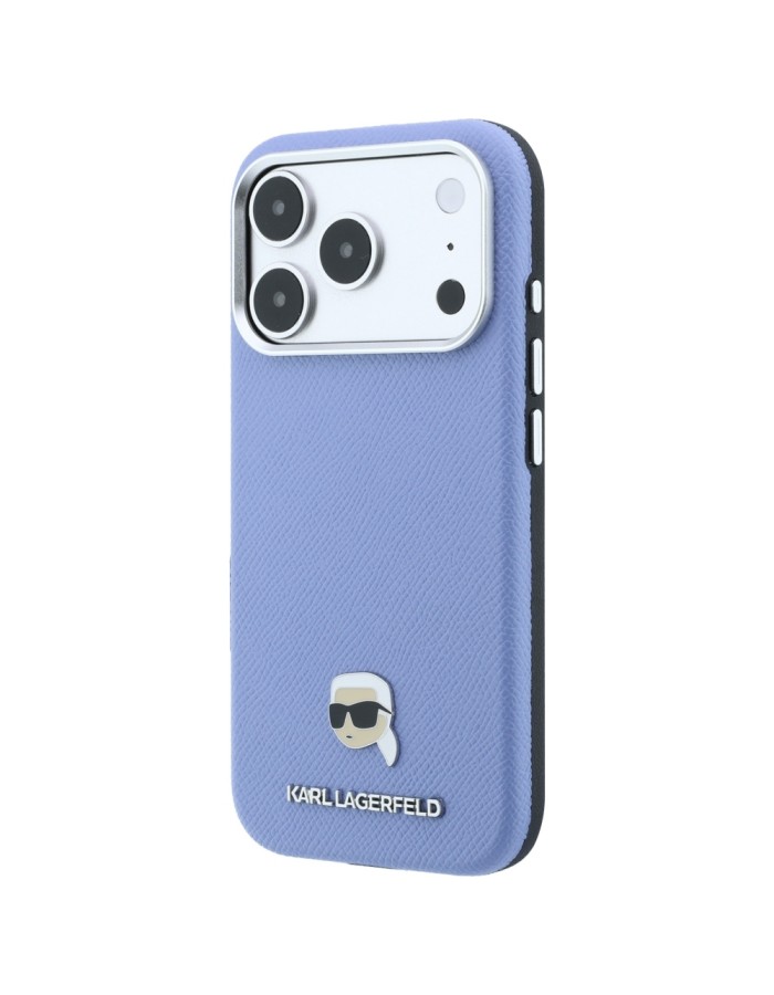 Karl Lagerfeld Grained Karl Head Metal MagSafe Case for iPhone 18 Pro / 17 Pro - Light Blue