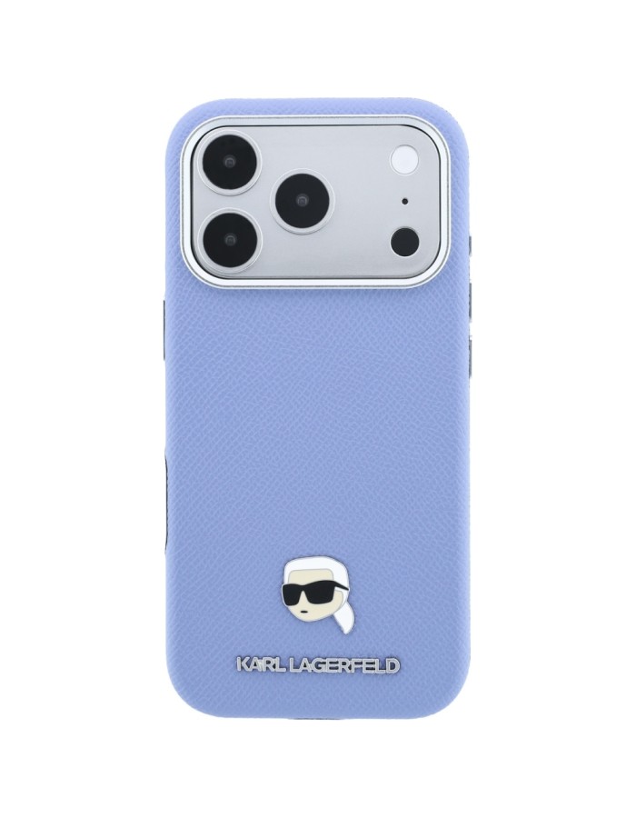 Karl Lagerfeld Grained Karl Head Metal MagSafe Case for iPhone 18 Pro / 17 Pro - Light Blue