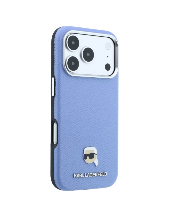 Karl Lagerfeld Grained Karl Head Metal MagSafe Case for iPhone 18 Pro / 17 Pro - Light Blue