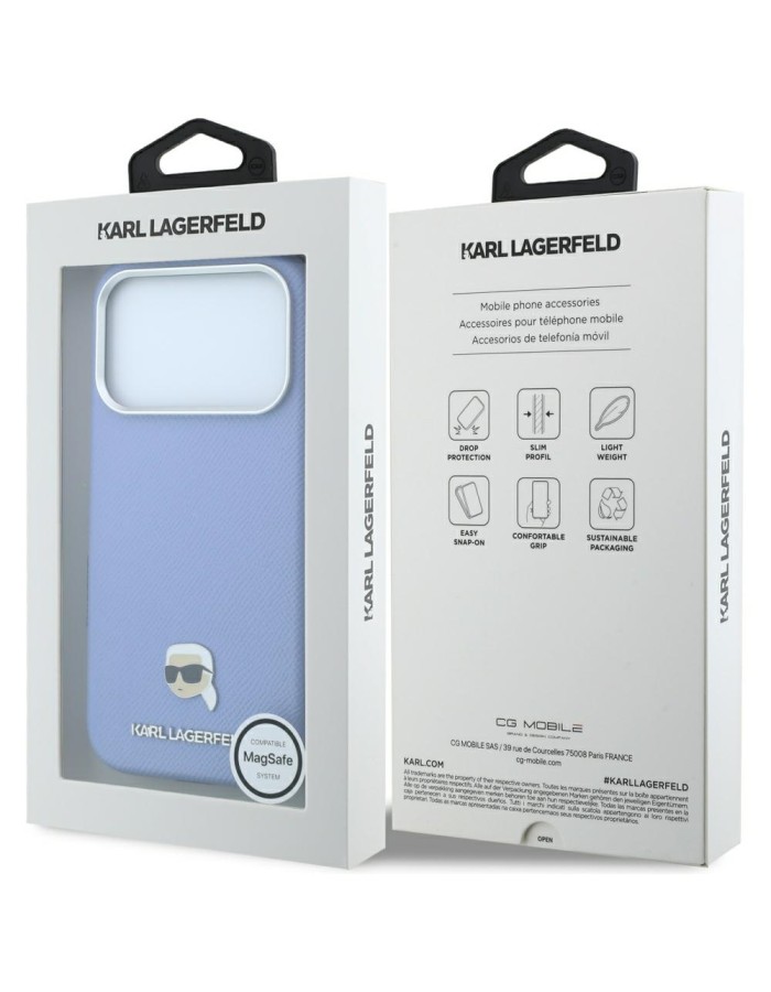 Karl Lagerfeld Grained Karl Head Metal MagSafe Case for iPhone 18 Pro / 17 Pro - Light Blue