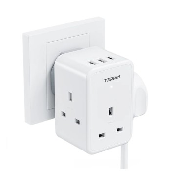 Tessan TS-227-PD 3-Gang 13A AC Plug Through with 2x USBA & 1x USBC 20W