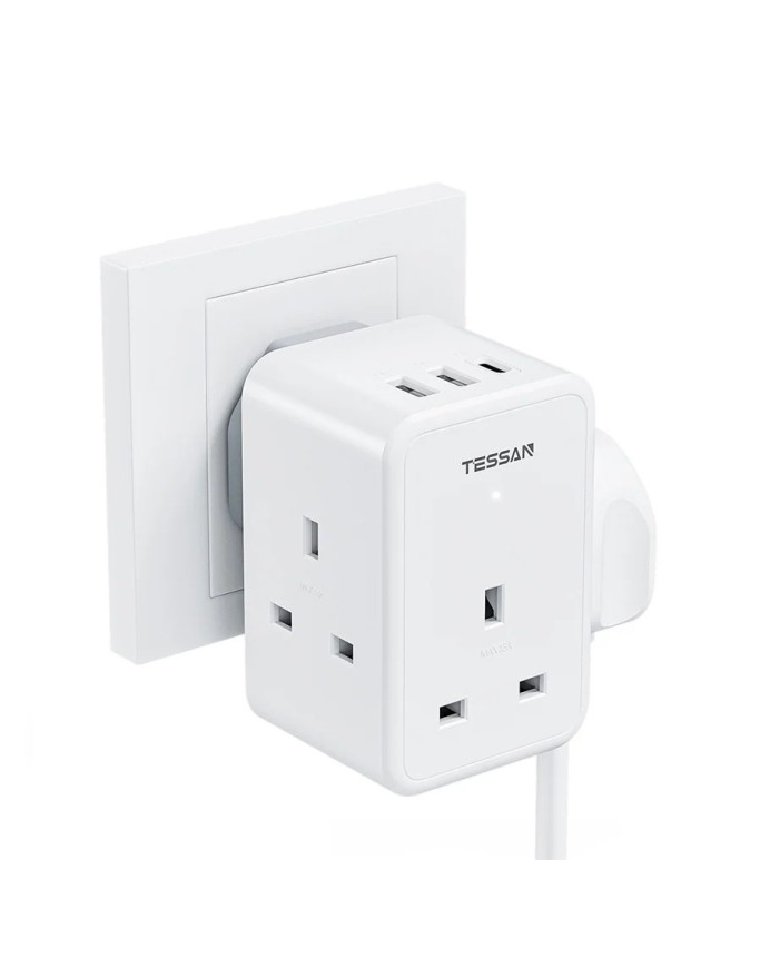 Tessan TS-227-PD 3-Gang 13A AC Plug Through with 2x USBA & 1x USBC 20W Tessan TS-227-PD 3-Gang 13A AC Plug Through with 2x USBA & 1x USBC 20W