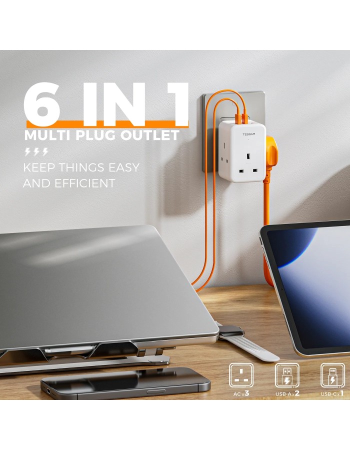 Tessan TS-227-PD 3-Gang 13A AC Plug Through with 2x USBA & 1x USBC 20W Tessan TS-227-PD 3-Gang 13A AC Plug Through with 2x USBA & 1x USBC 20W