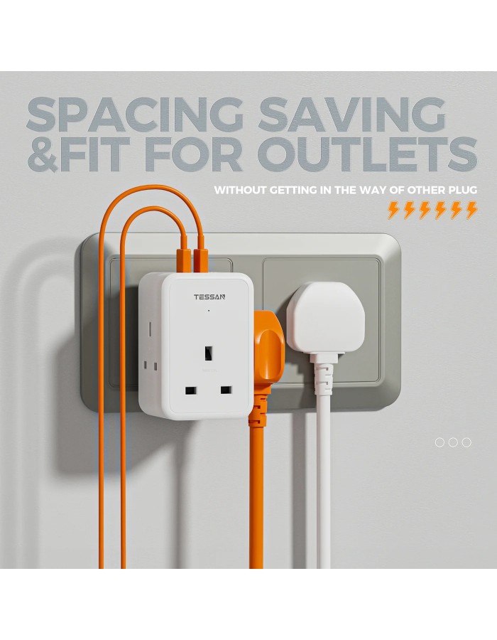 Tessan TS-227-PD 3-Gang 13A AC Plug Through with 2x USBA & 1x USBC 20W Tessan TS-227-PD 3-Gang 13A AC Plug Through with 2x USBA & 1x USBC 20W