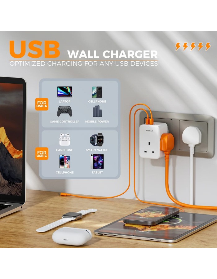 Tessan TS-227-PD 3-Gang 13A AC Plug Through with 2x USBA & 1x USBC 20W Tessan TS-227-PD 3-Gang 13A AC Plug Through with 2x USBA & 1x USBC 20W