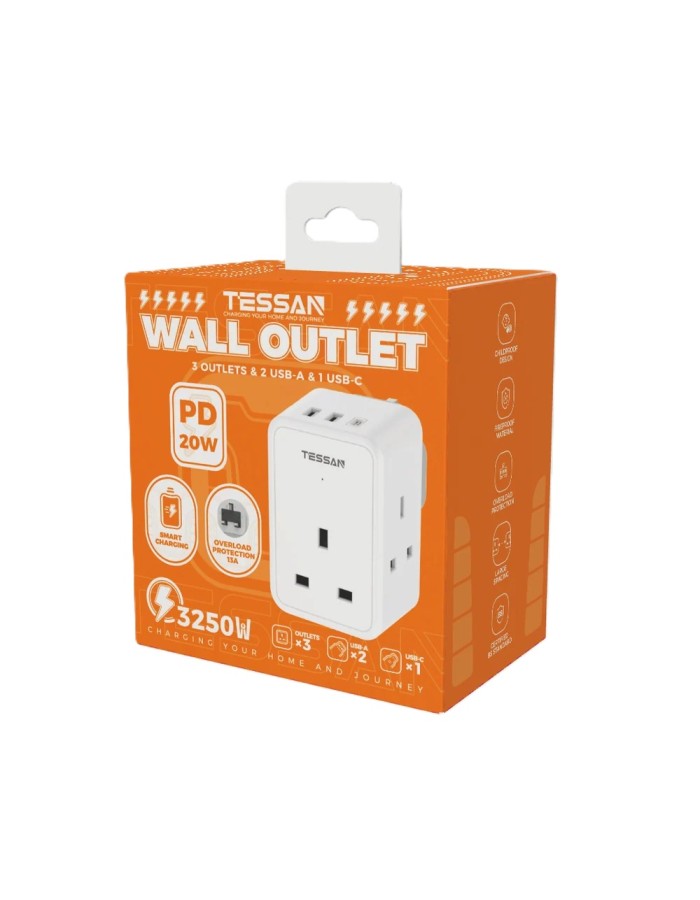 Tessan TS-227-PD 3-Gang 13A AC Plug Through with 2x USBA & 1x USBC 20W Tessan TS-227-PD 3-Gang 13A AC Plug Through with 2x USBA & 1x USBC 20W